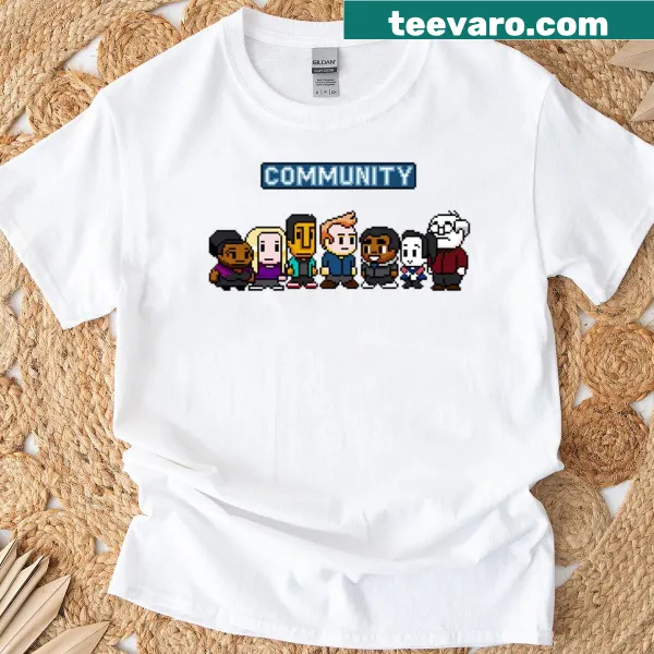 T-shirt featuring cartoon bit characters from Community