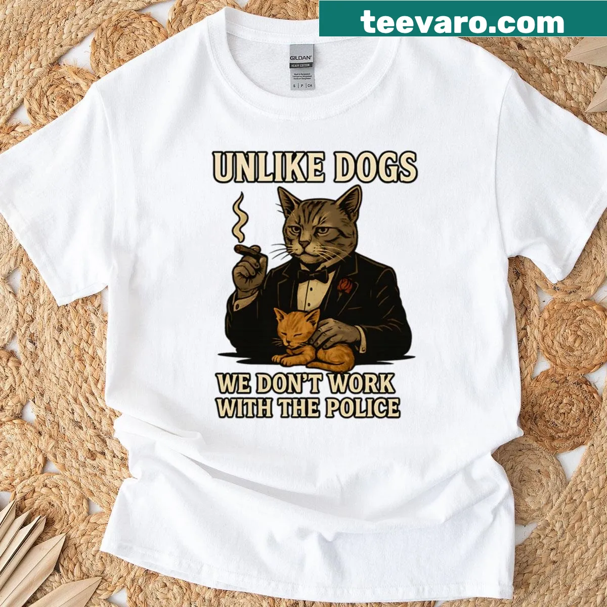 Funny cat design T-shirt with text about cats not working with cops — on a men's t-shirt