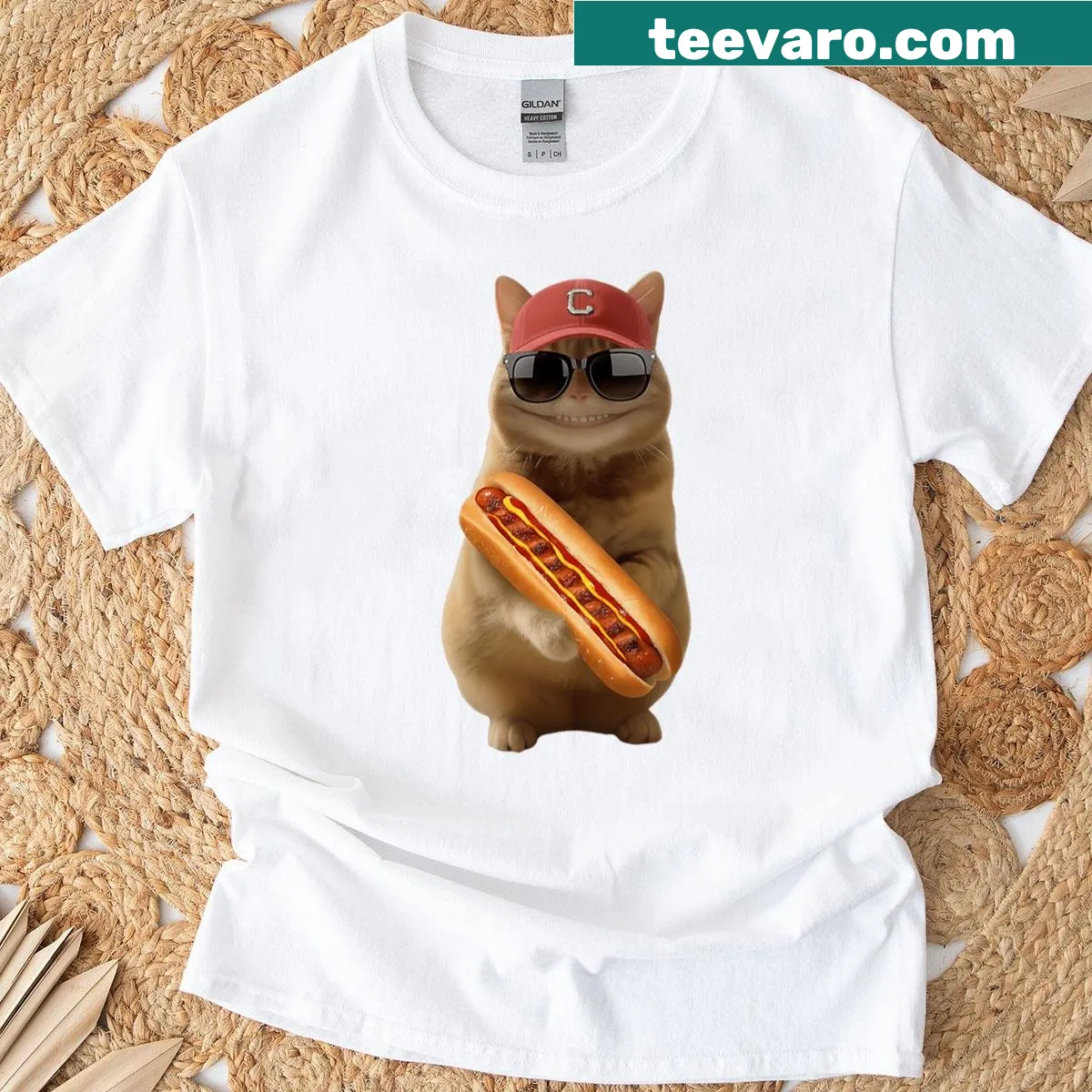 Funny T-shirt with a cool cat illustration and hot dog design — on a men's t-shirt