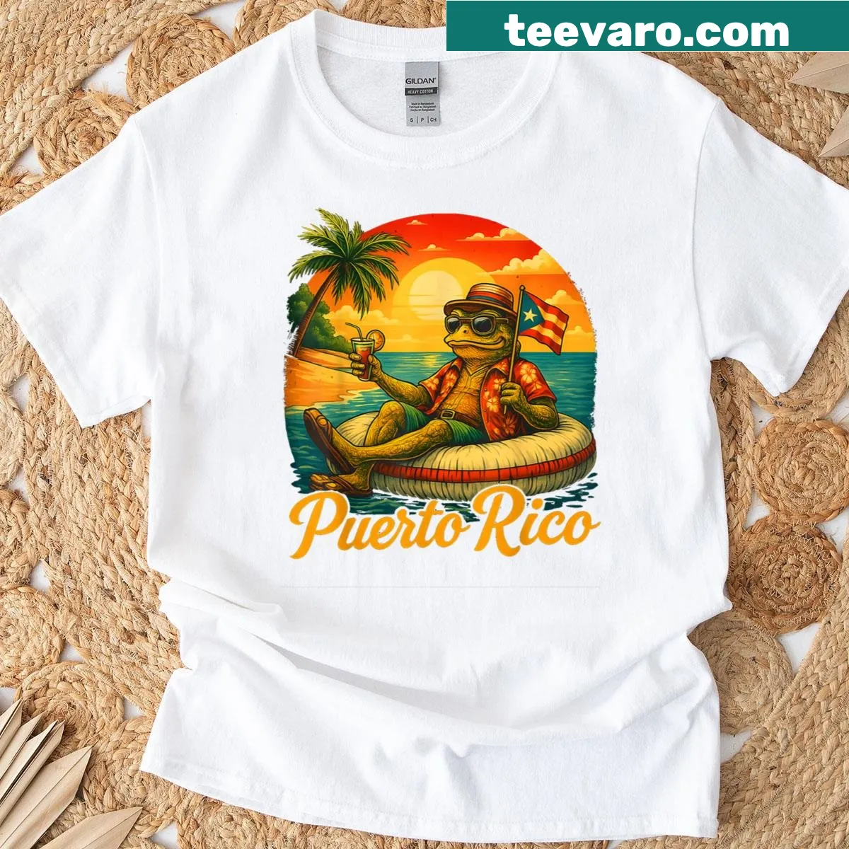 Puerto Rico-themed T-shirt featuring Coqui frog and flag illustration — on a men's t-shirt