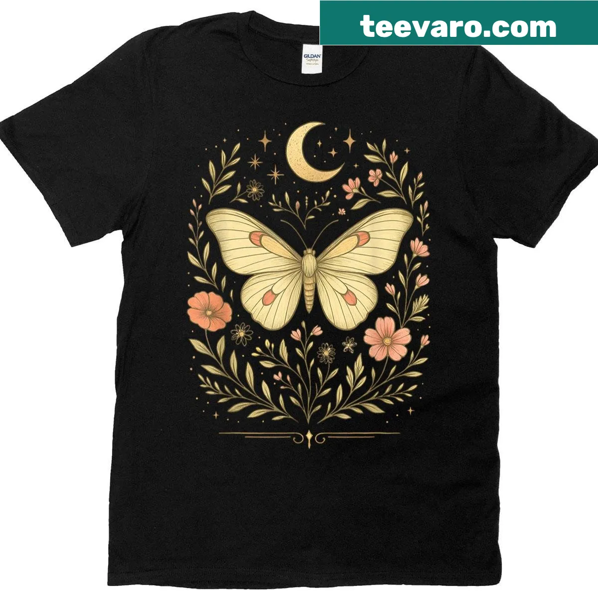 Cottagecore t-shirt featuring botanical and moth designs — on a men's t-shirt