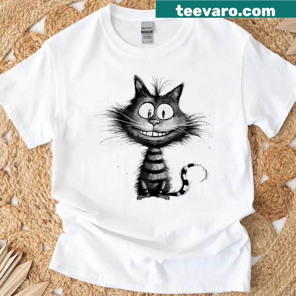 Cartoon-style crazy smiling cat graphic on t-shirt