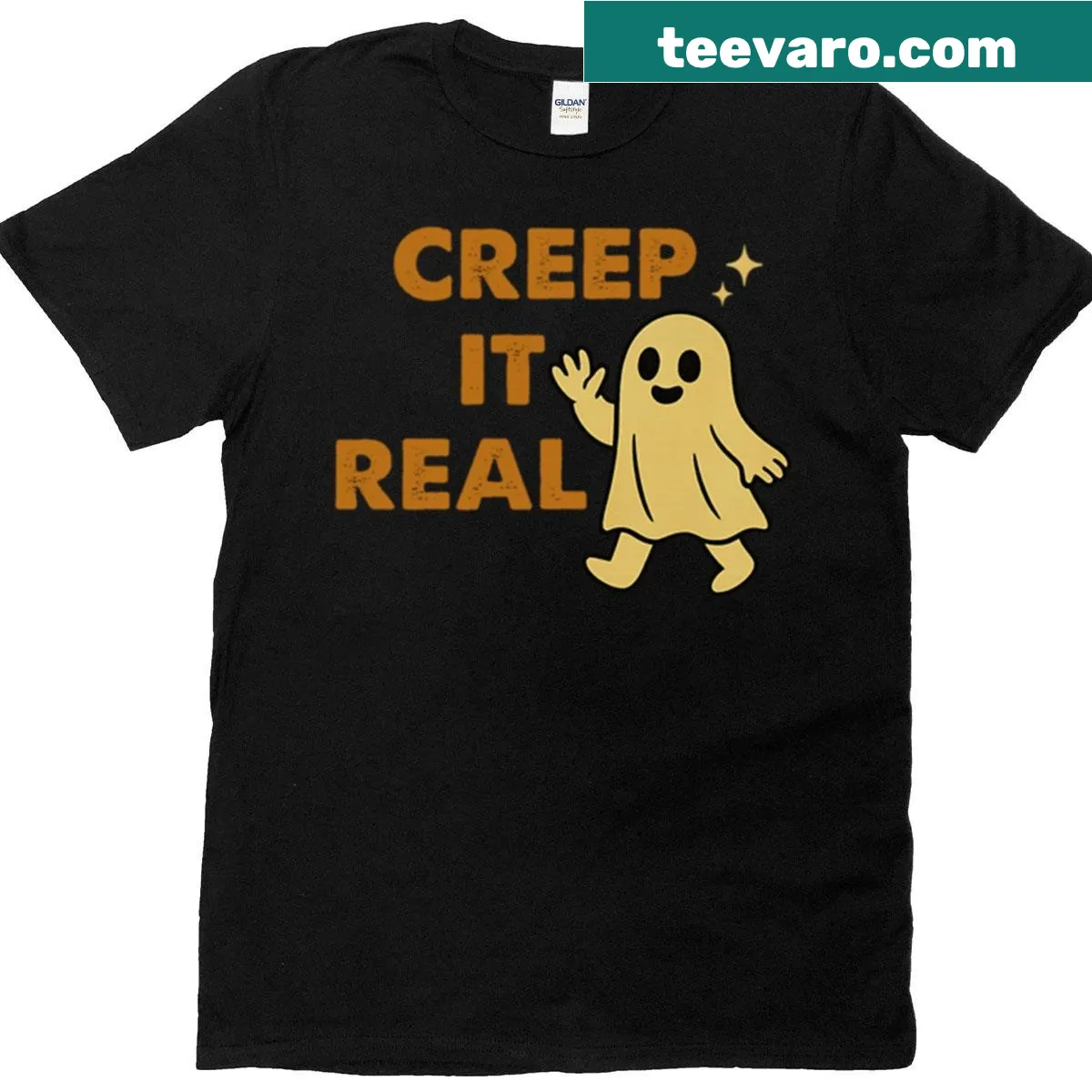 Playful Halloween T-shirt with 'Creep It Real' text — on a men's t-shirt