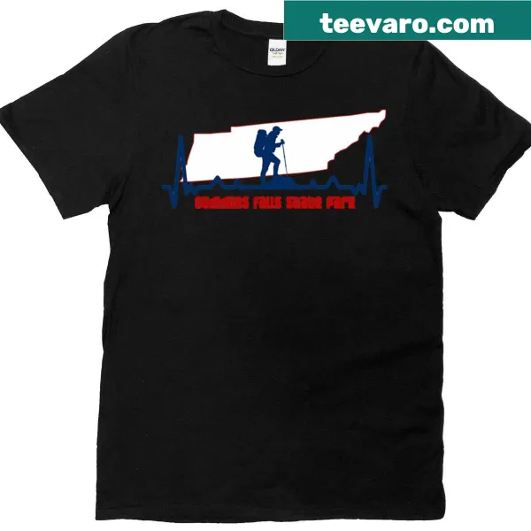 Illustrated t-shirt featuring Cummins Falls and heartbeat line art