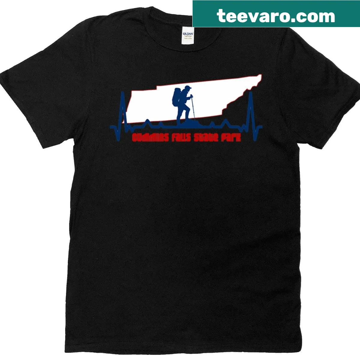 Illustrated t-shirt featuring Cummins Falls and heartbeat line art — on a men's t-shirt