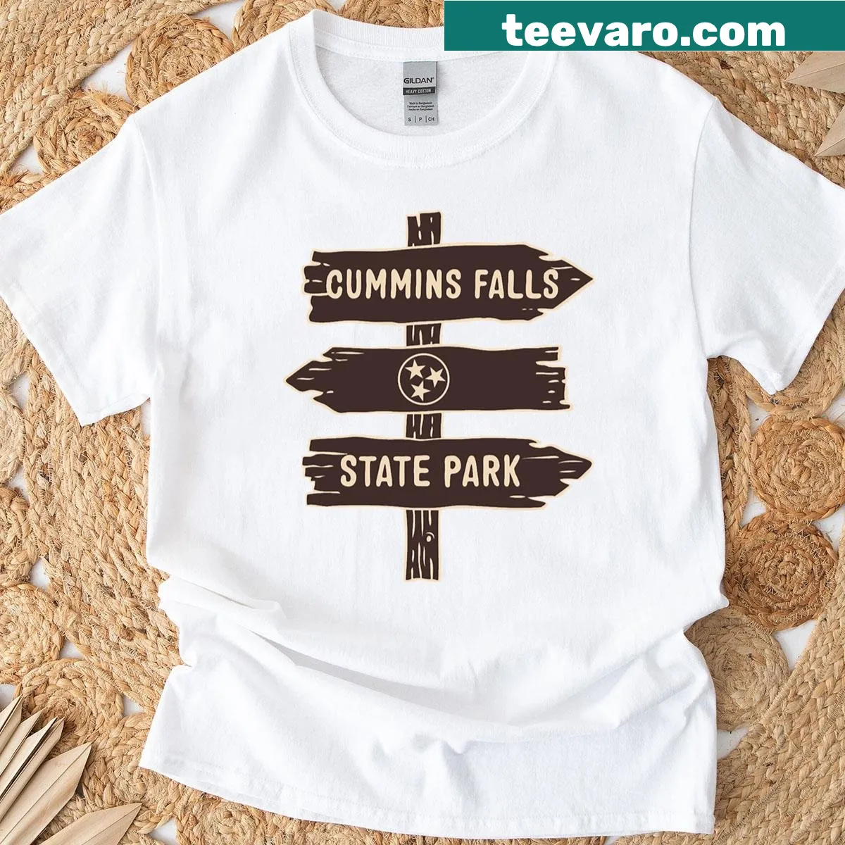 T-Shirt with Cummins Falls State Park emblem and wildlife illustration — on a men's t-shirt