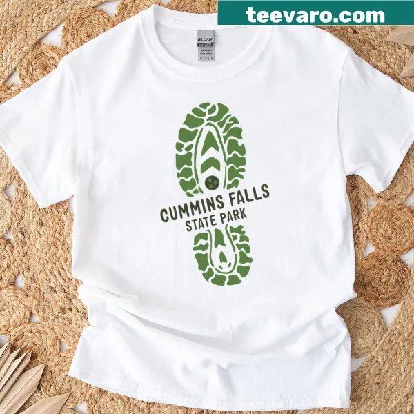 Boot print design t-shirt celebrating Cummins Falls State Park