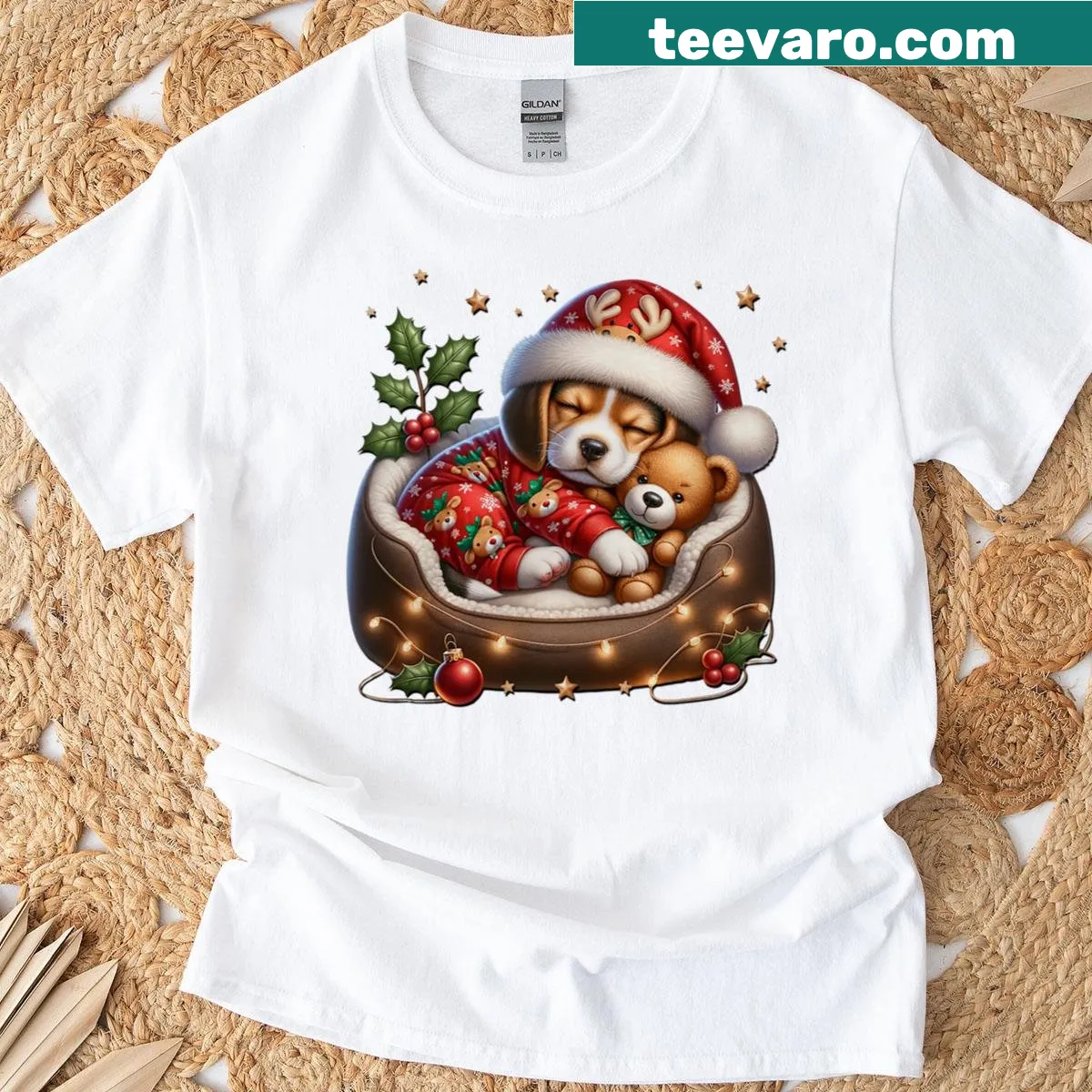 Adorable beagle puppy in Christmas reindeer pajamas illustration. — on a men's t-shirt