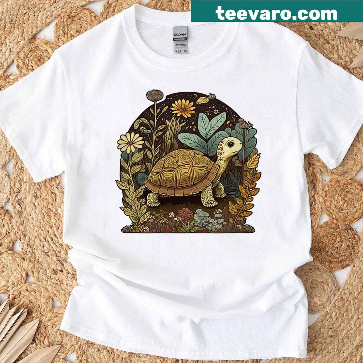 Cottagecore aesthetic T-shirt with a floral turtle graphic. — on a men's t-shirt