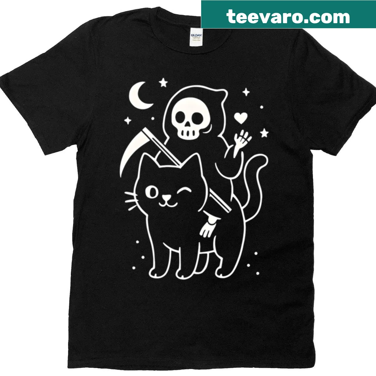 Kawaii Grim Reaper design on black cat for Halloween t-shirt — on a men's t-shirt