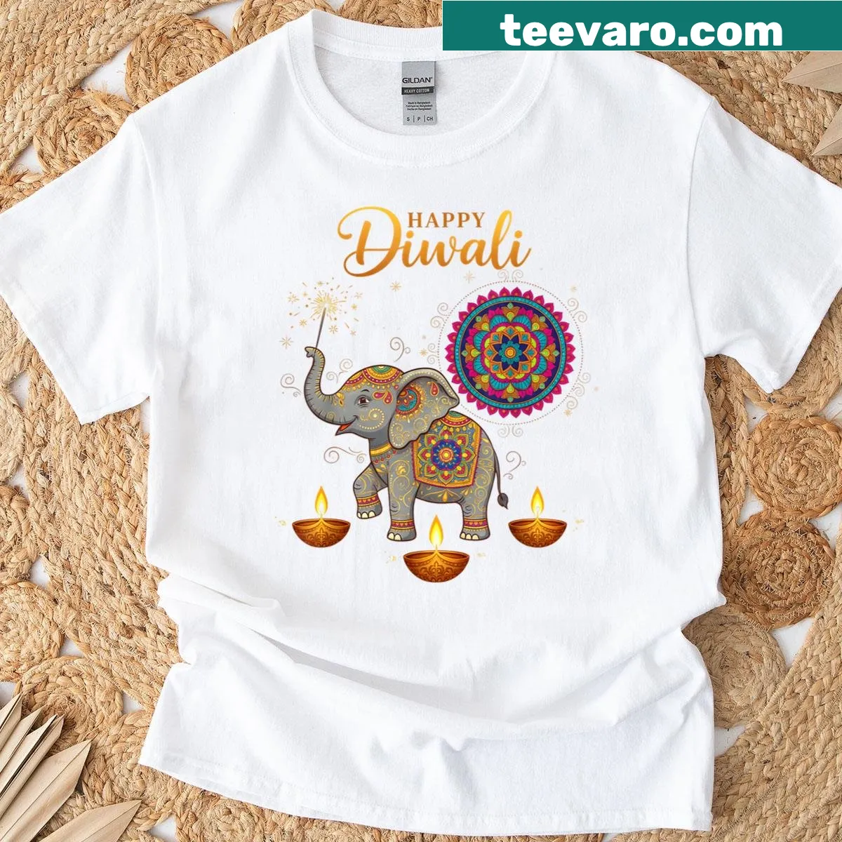 Cute elephant graphic T-shirt for kids celebrating Diwali. — on a men's t-shirt