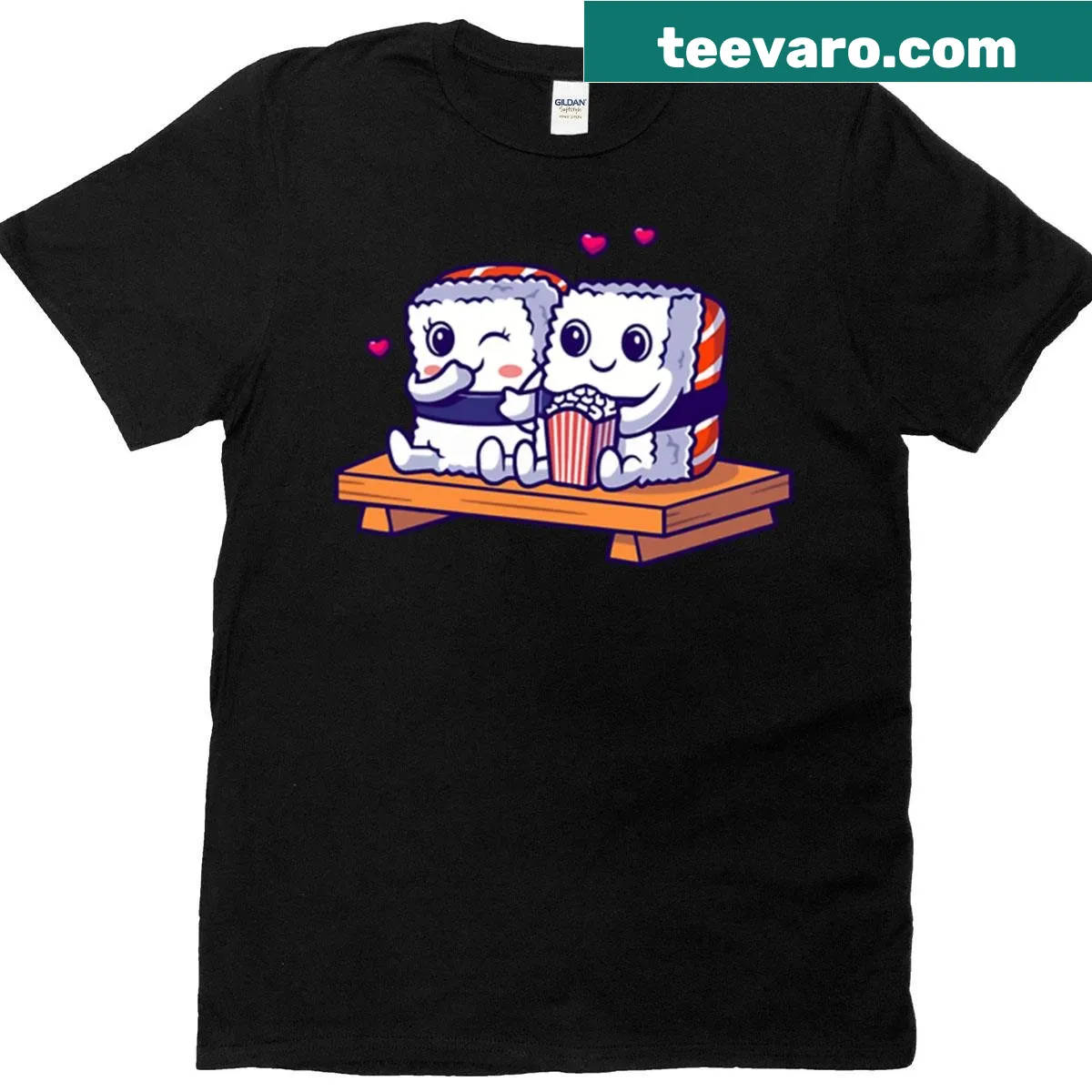 Kawaii sushi couple design for romantic movie date t-shirt — on a men's t-shirt