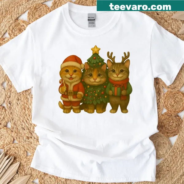 Cute Christmas tree with three cats, Santa, and reindeer for kids