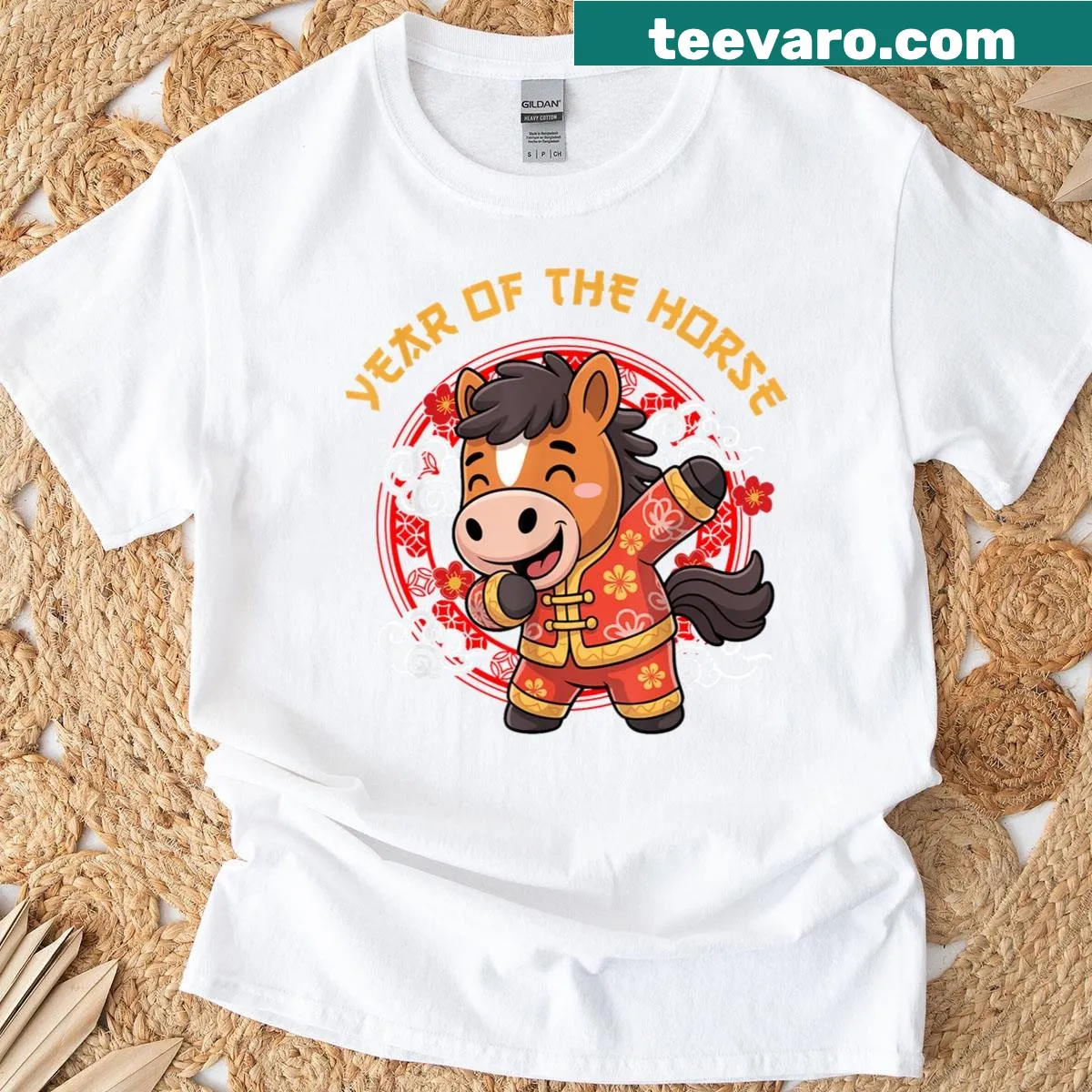 Cartoon dabbing horse graphic for Chinese New Year t-shirt — on a men's t-shirt