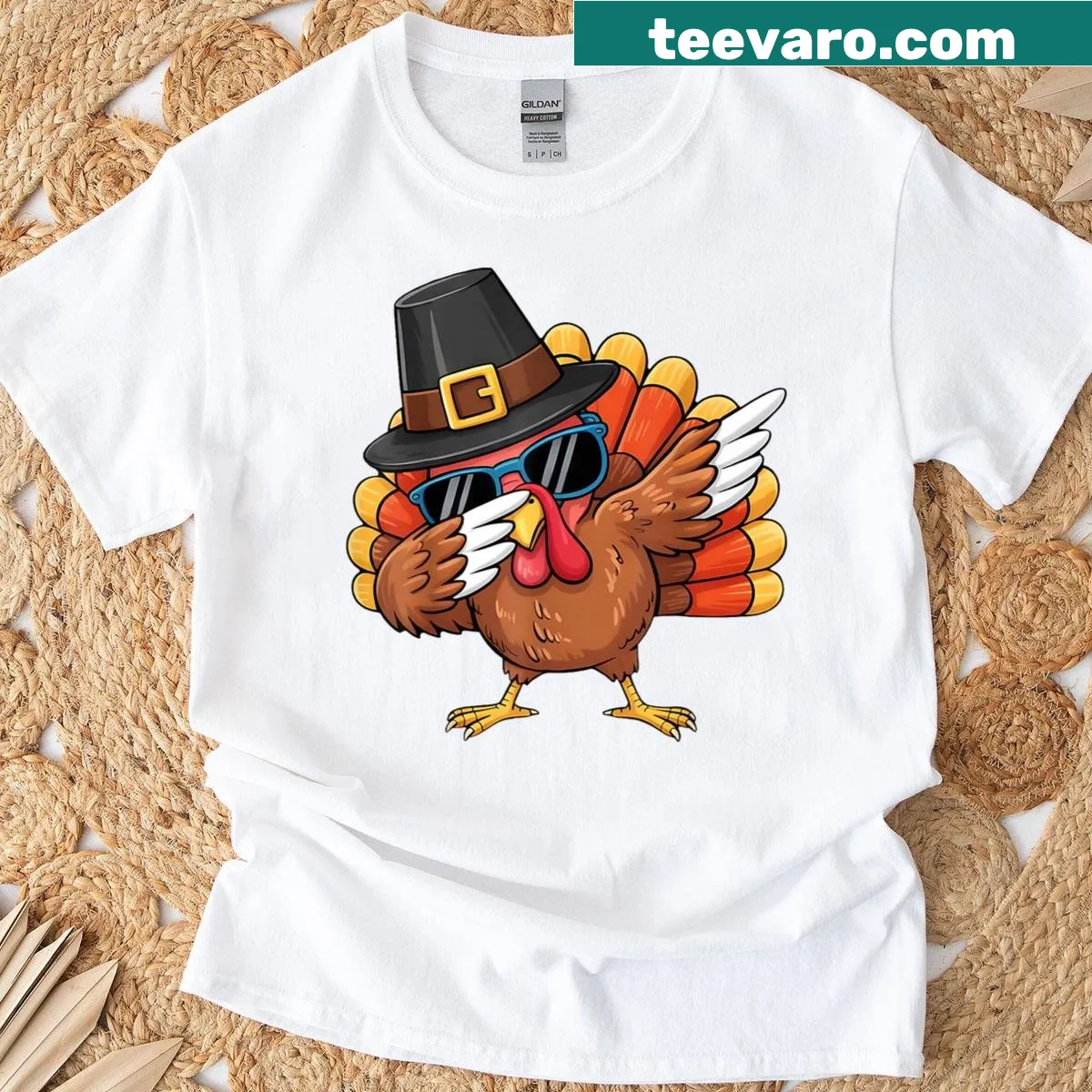 Cartoon dabbing turkey graphic on a funny Thanksgiving t-shirt — on a men's t-shirt