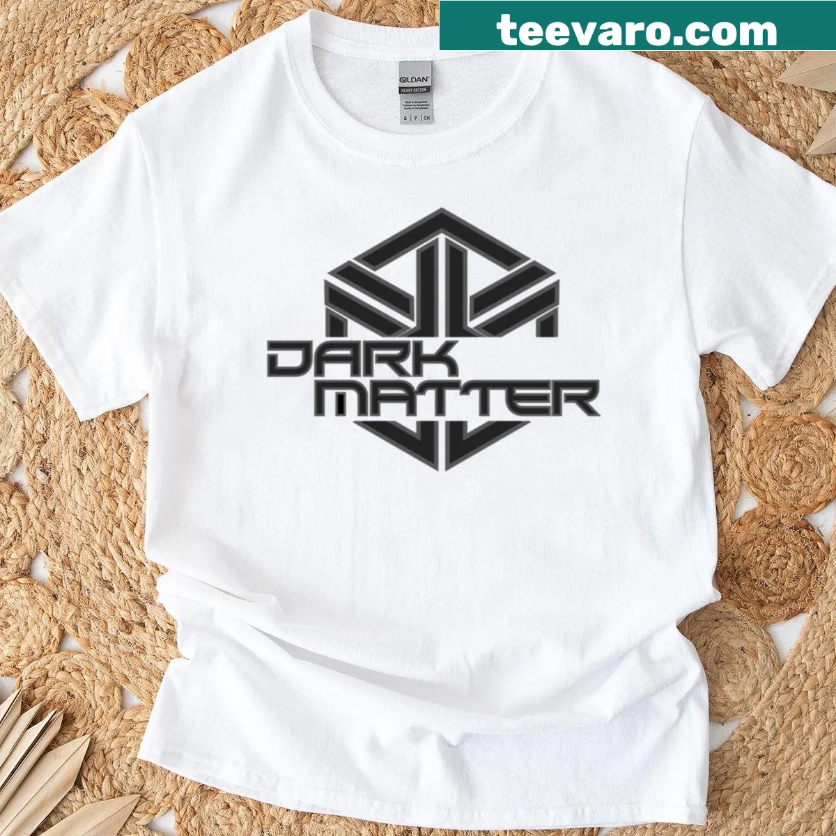 Minimalist T-shirt with 'Dark Matter' text — on a men's t-shirt