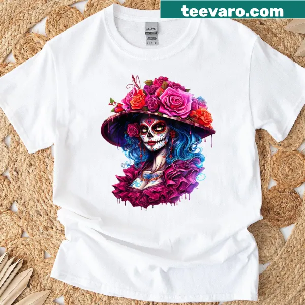 La Catrina sugar skull illustration on a women's T-shirt