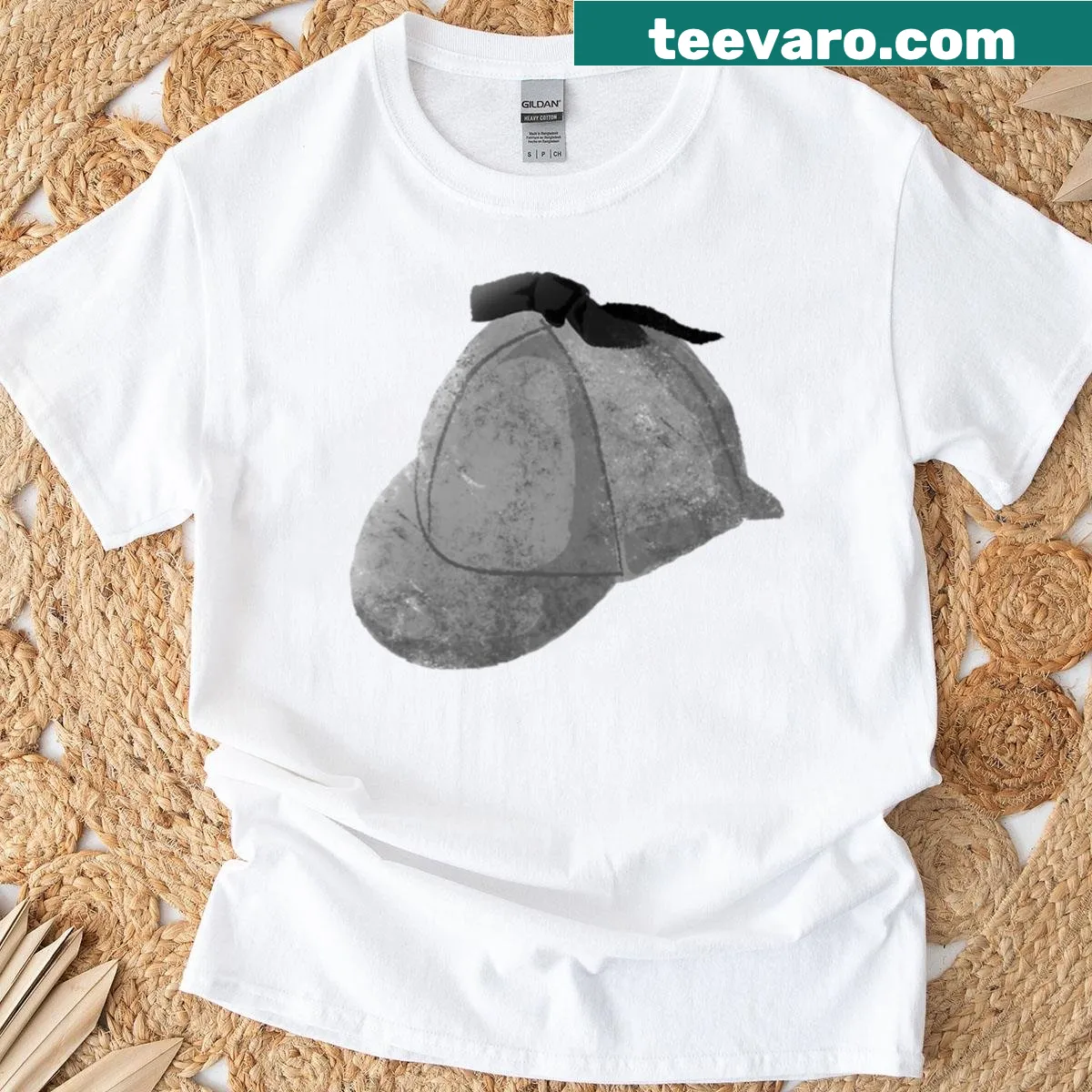 T-shirt featuring an illustration of a deerstalker hat — on a men's t-shirt