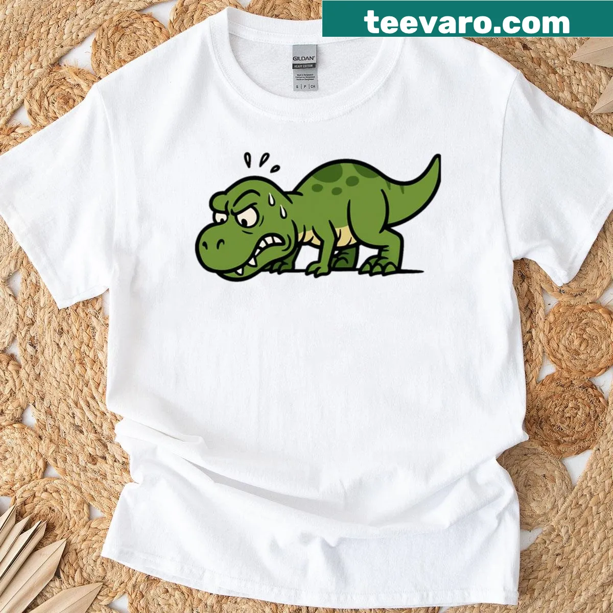 Cartoon T-shirt featuring a dinosaur doing push-ups — on a men's t-shirt