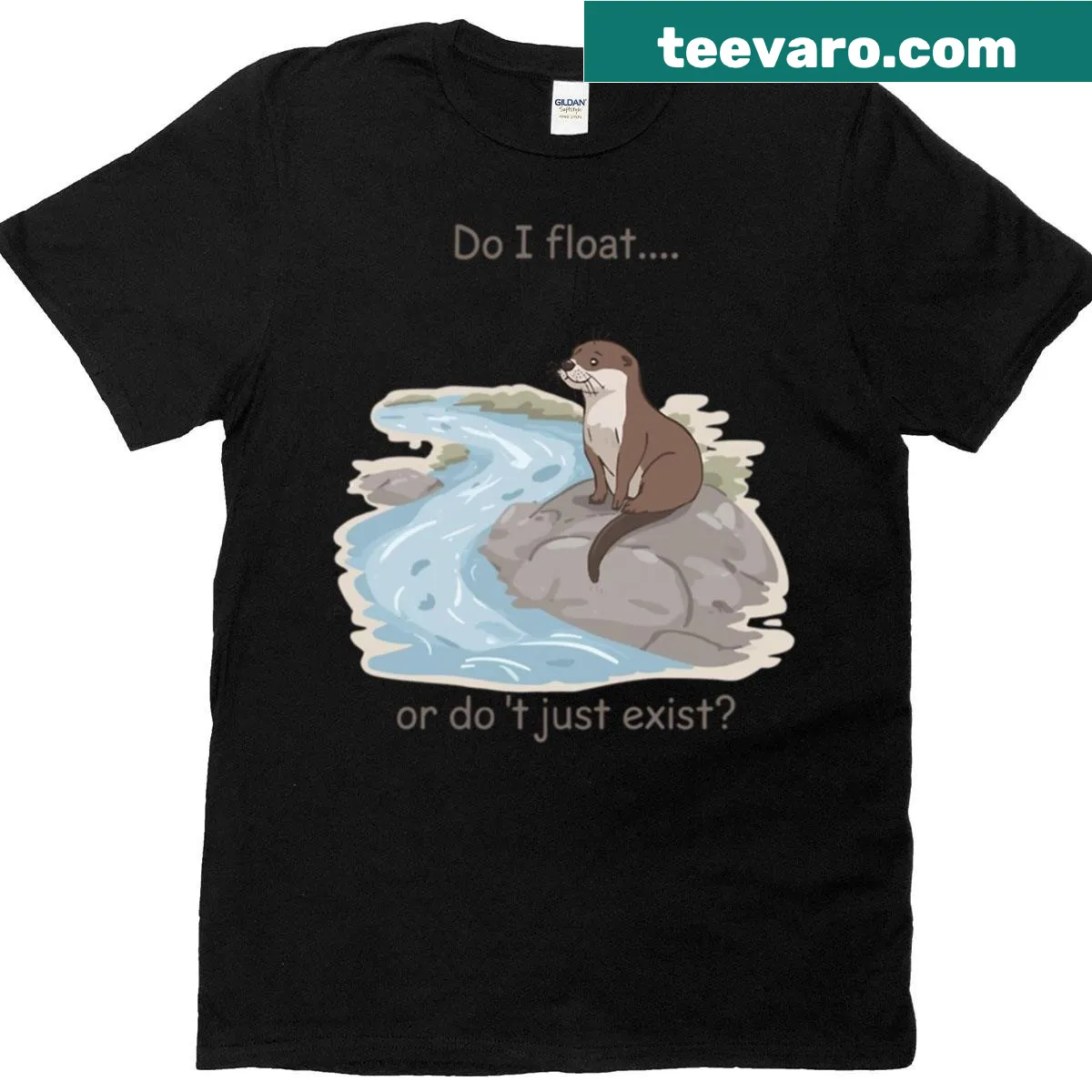 Funny t-shirt with a cartoon otter pondering existence — on a men's t-shirt