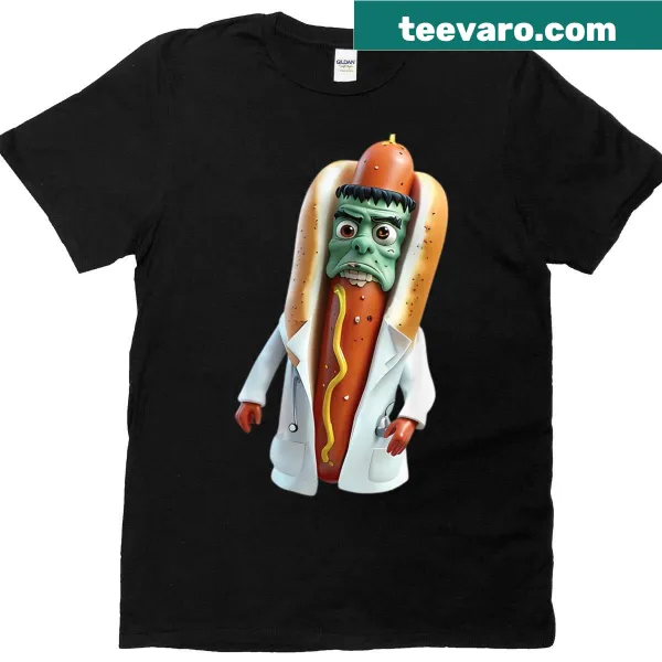 Funny hot dog horror T-shirt featuring Doctor Frankfurter illustration