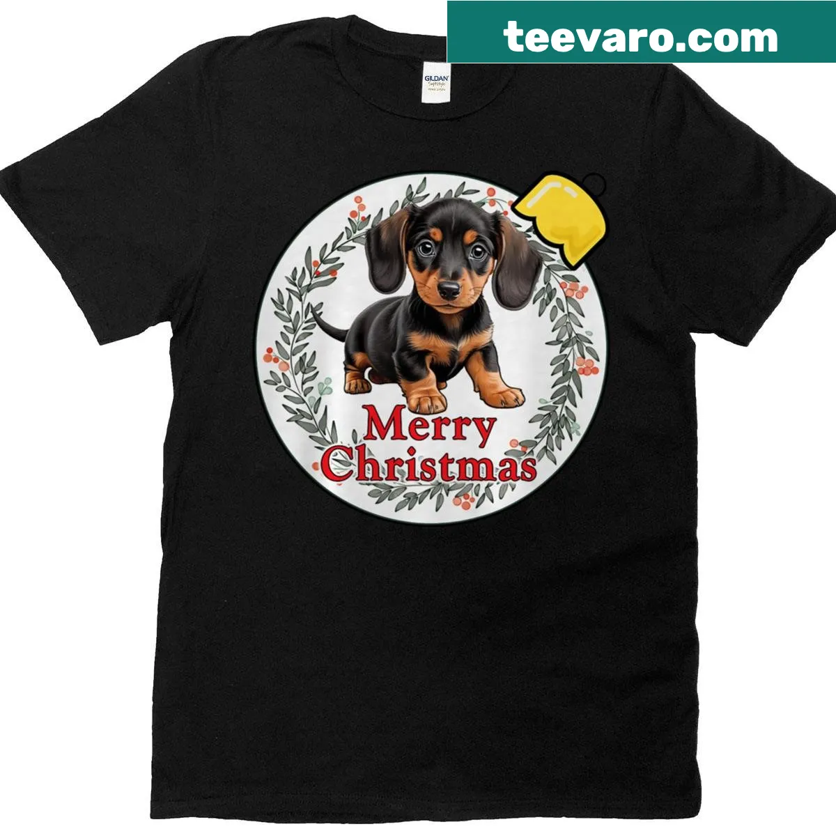 Cute dachshund puppy on a Christmas ornament design t-shirt. — on a men's t-shirt