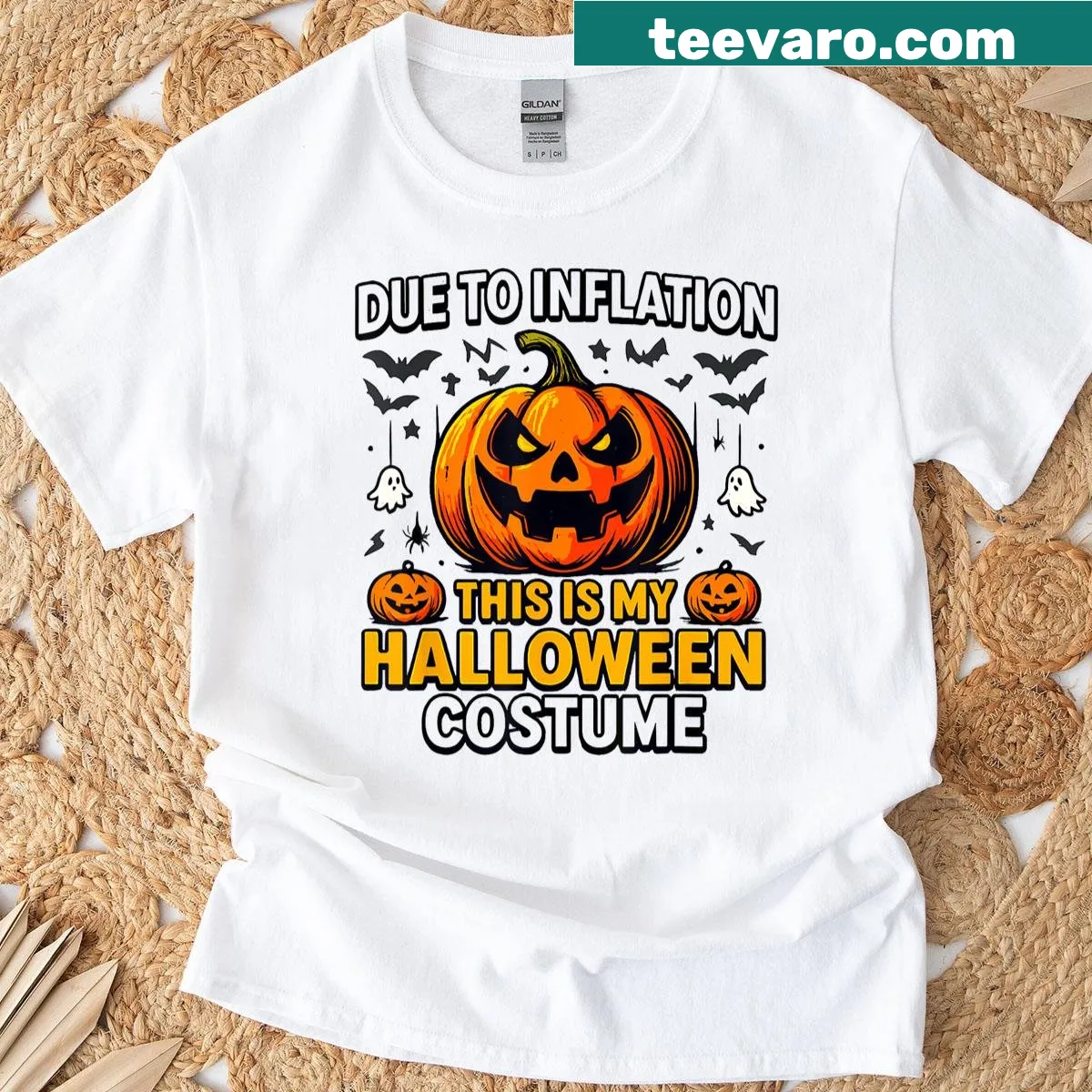 Funny Halloween T-shirt featuring a pumpkin costume design about inflation — on a men's t-shirt