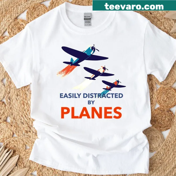 Playful text on a pilot-themed t-shirt about distractions by planes