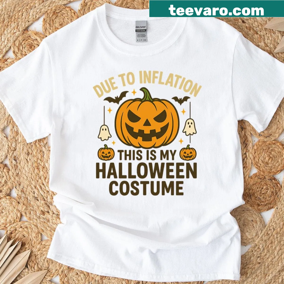 Oversized t-shirt with humorous sayings about budget Halloween costumes — on a men's t-shirt