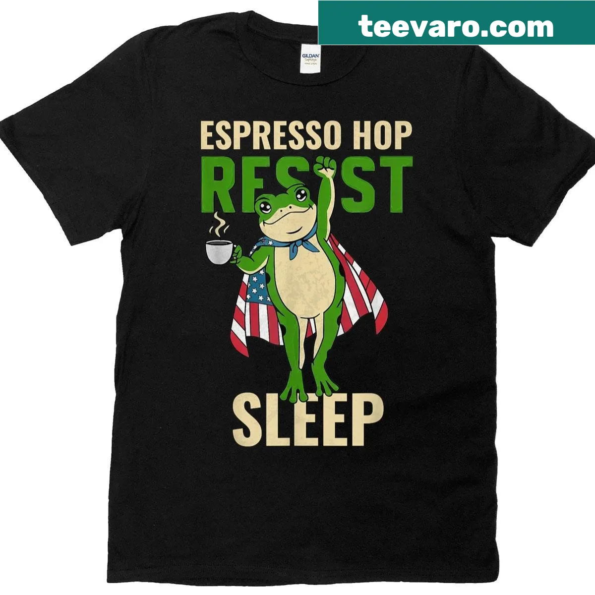 Cute T-shirt featuring a frog and coffee design with 'Hop Resist Sleep' text — on a men's t-shirt