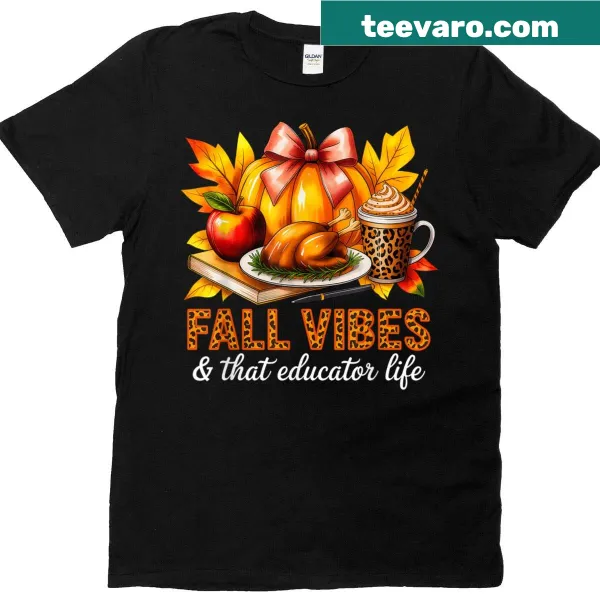 Illustrated Thanksgiving T-shirt with pumpkin, turkey, and educator theme