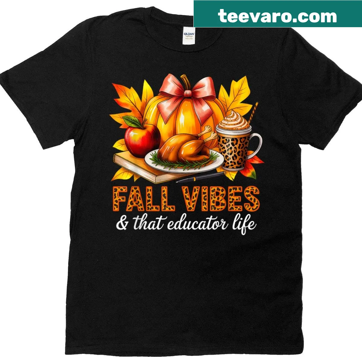 Illustrated Thanksgiving T-shirt with pumpkin, turkey, and educator theme — on a men's t-shirt