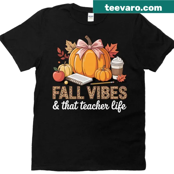 Fall-themed educator T-shirt with pumpkins and coffee graphics