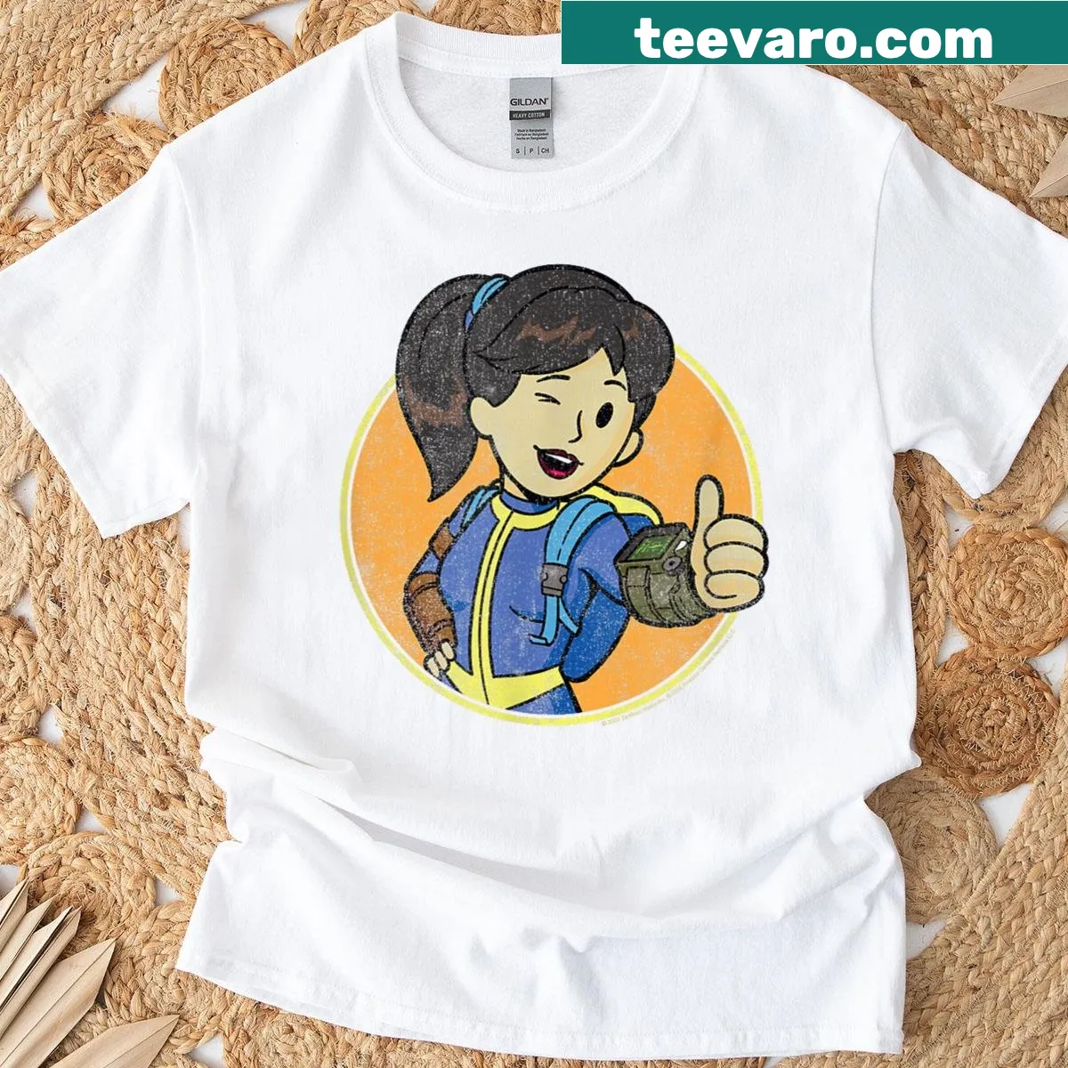 Illustration of Lucy with thumbs up from Fallout video game on t-shirt — on a men's t-shirt