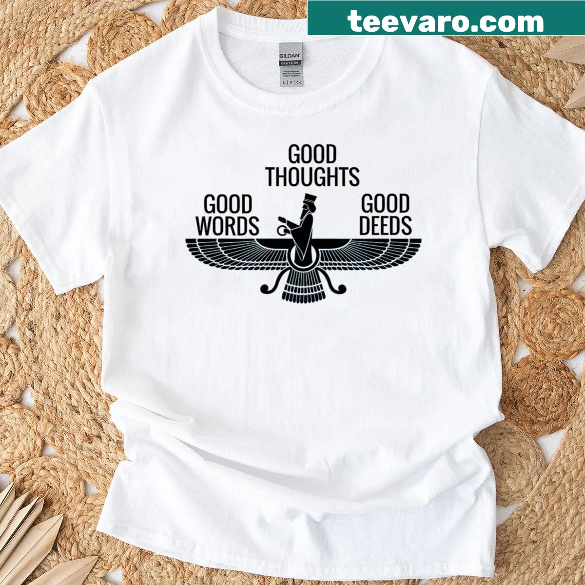 Farvahar Zoroastrian symbol graphic on premium t-shirt — on a men's t-shirt