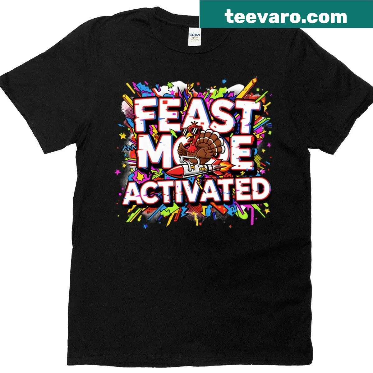 Rocket Turkey Blast T-shirt featuring a turkey illustration for Thanksgiving — on a men's t-shirt