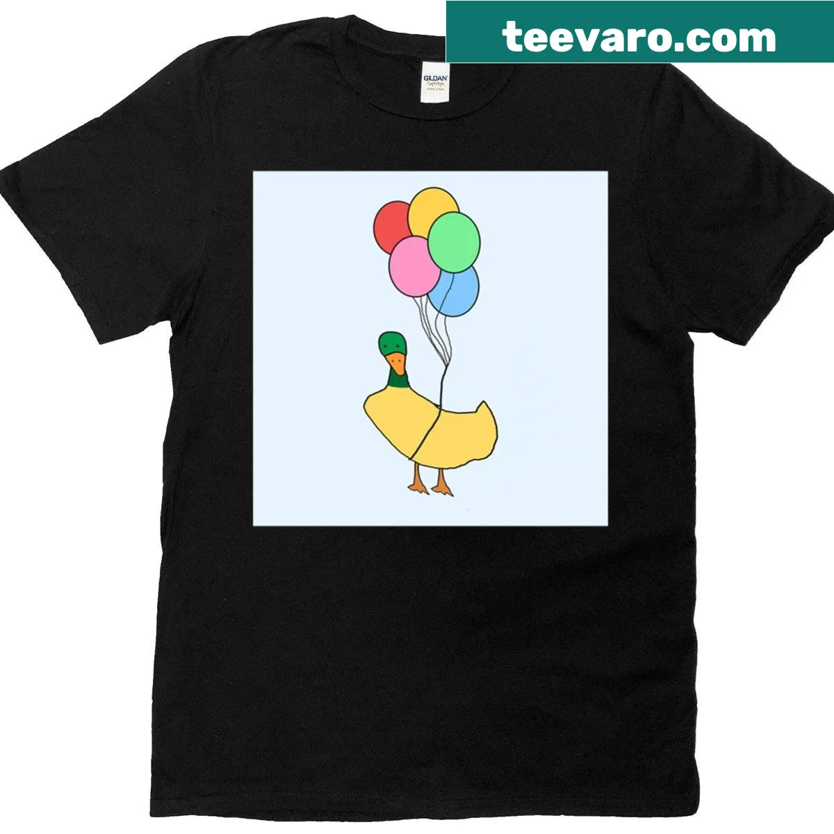 Whimsical flying duck illustration with balloons graphic T-shirt — on a men's t-shirt