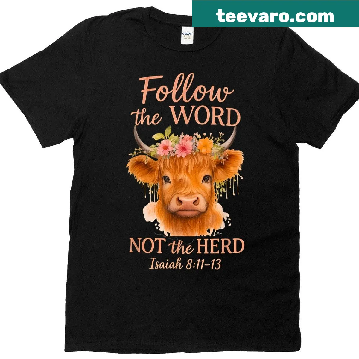 Christian T-shirt featuring a Highland cow design and motivational text — on a men's t-shirt