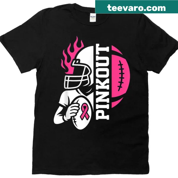 Football-themed breast cancer awareness shirt with pink accents.