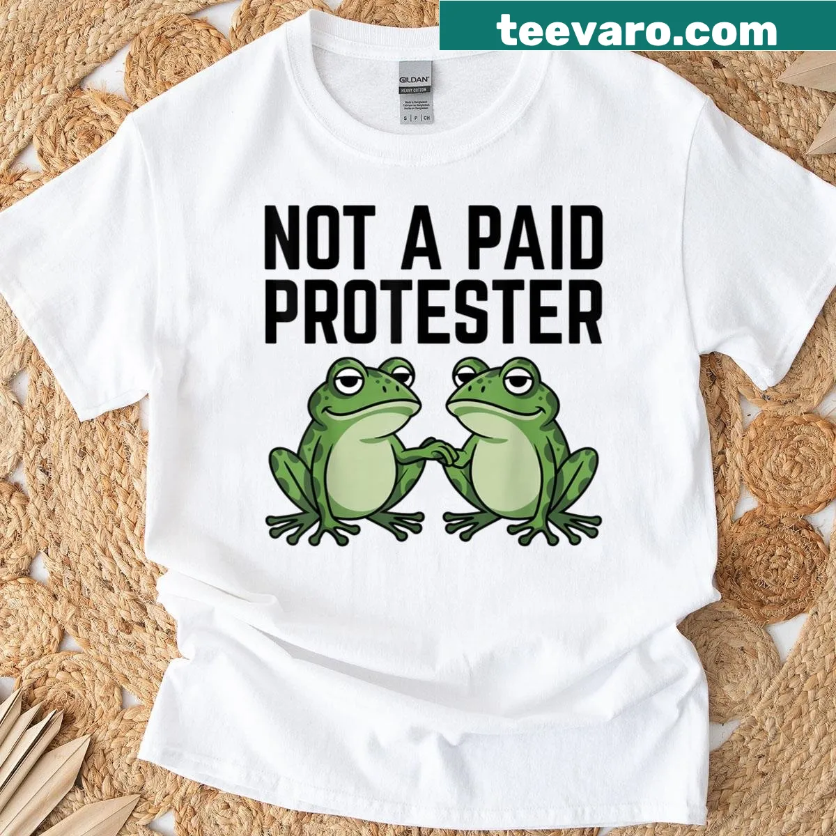 T-shirt featuring a humorous frog protest graphic with witty text. — on a men's t-shirt