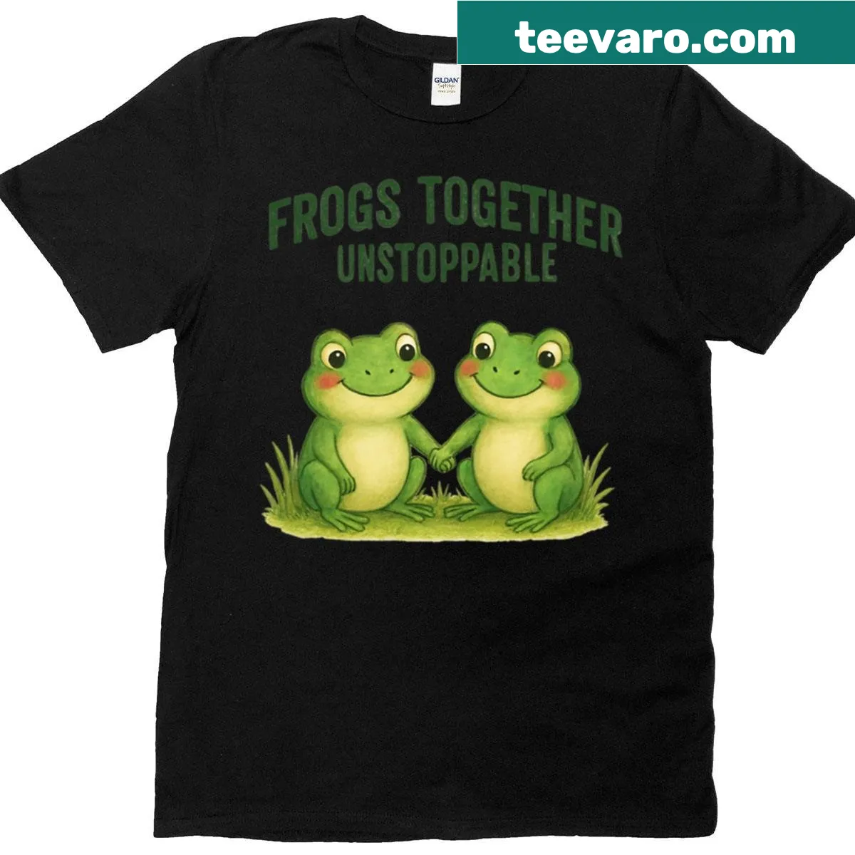 Cute design with two frogs and text celebrating friendship for couples — on a men's t-shirt