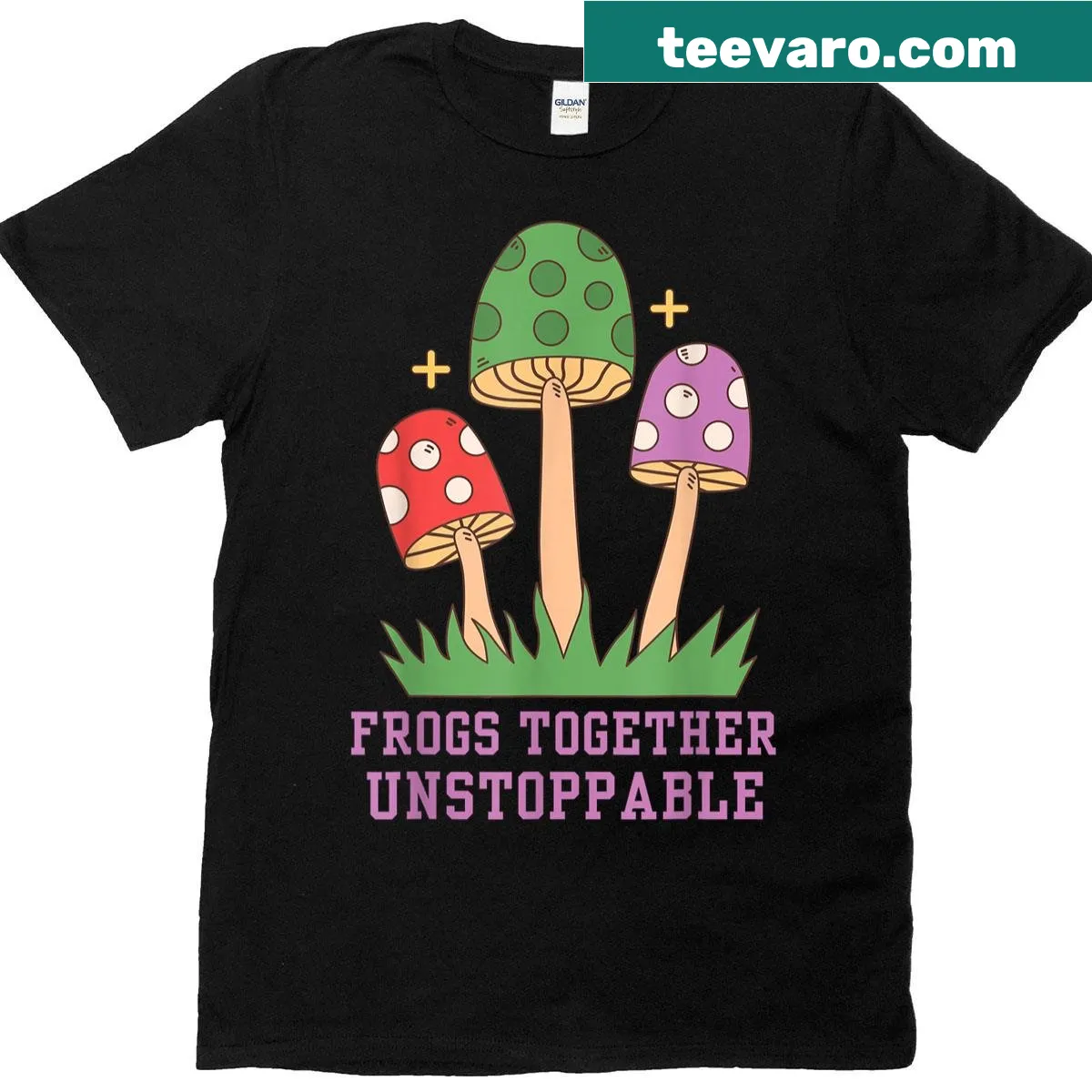 Funny frogs and mushrooms illustration graphic T-shirt — on a men's t-shirt