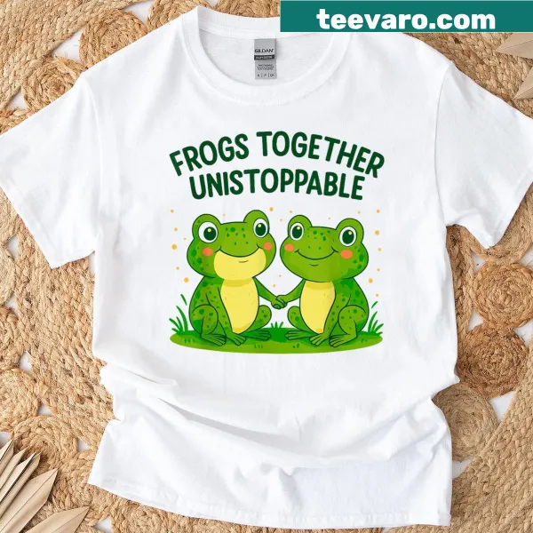 Vintage-style t-shirt with cartoon frogs and 'Together Unstoppable' text
