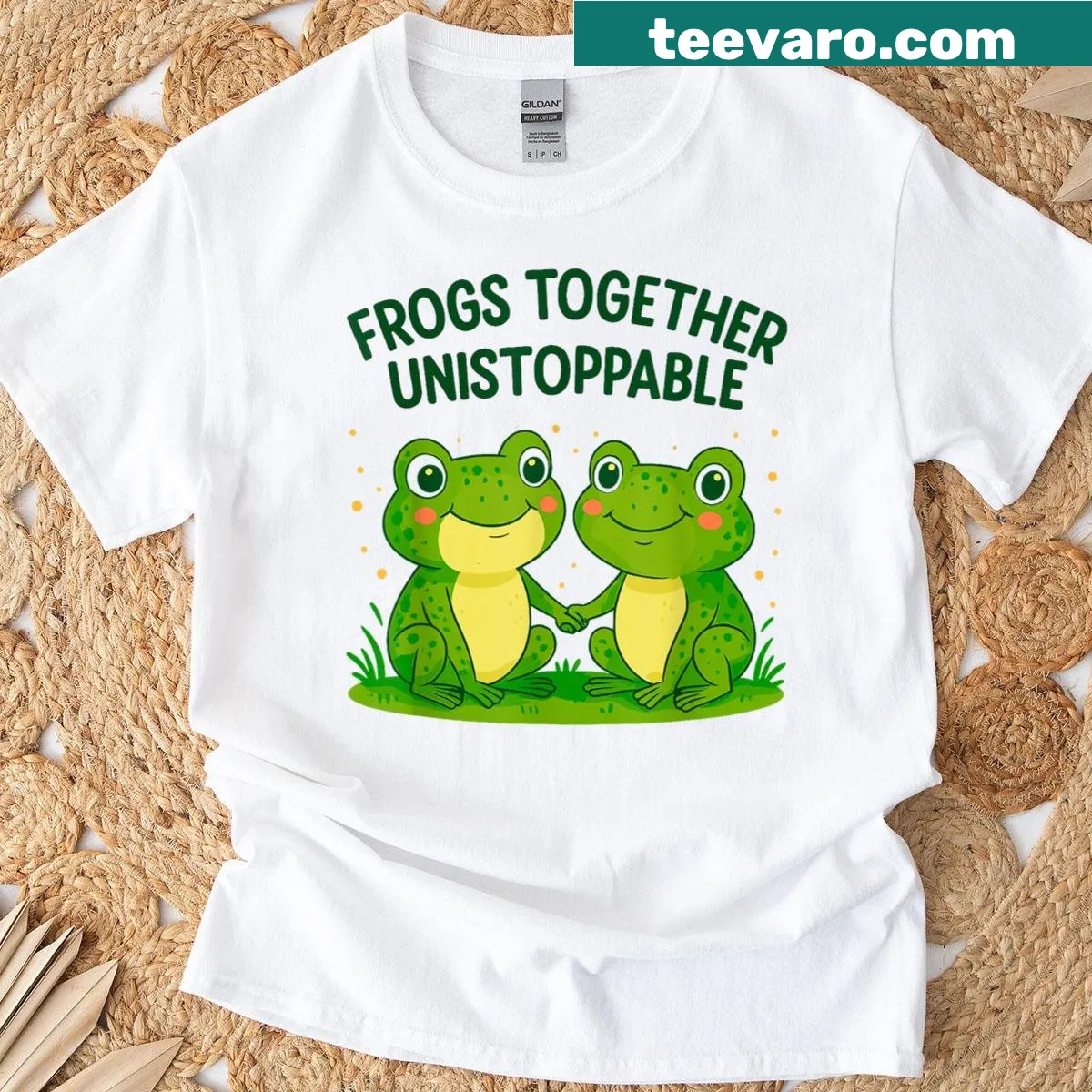 Vintage-style t-shirt with cartoon frogs and 'Together Unstoppable' text — on a men's t-shirt