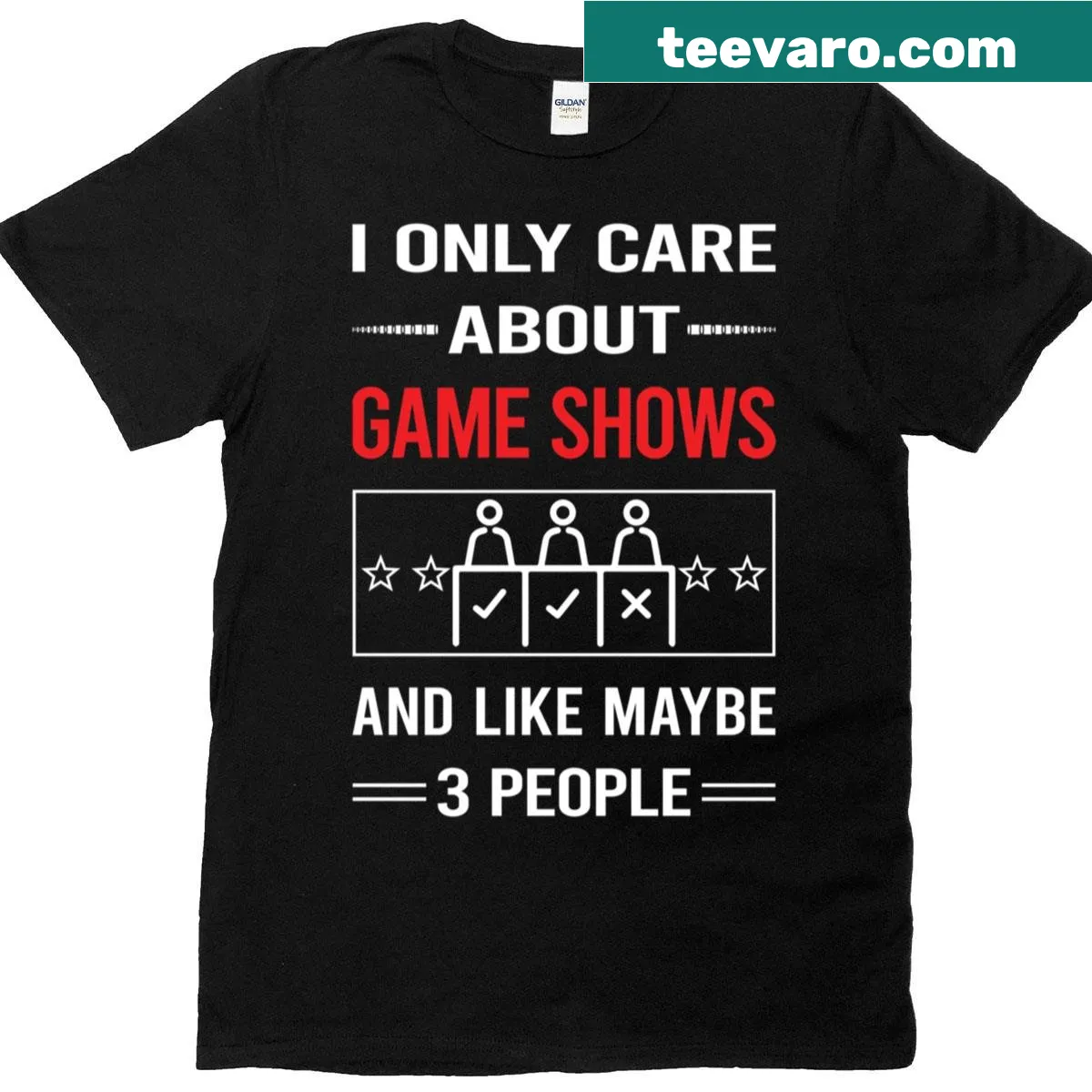 Humorous depiction of three characters inspired by game shows — on a men's t-shirt