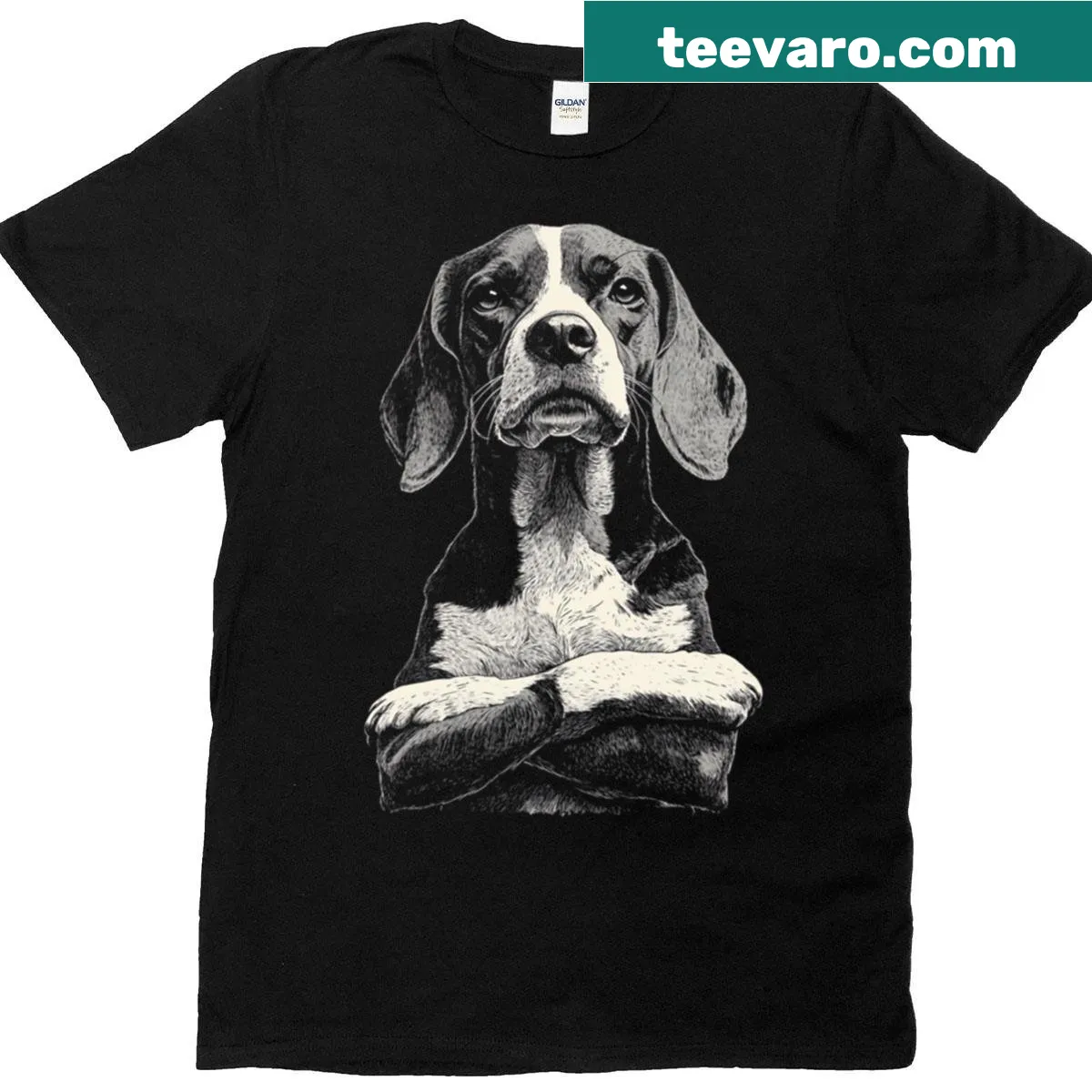 Humorous beagle illustration displayed on a fun dog lover T-shirt — on a men's t-shirt