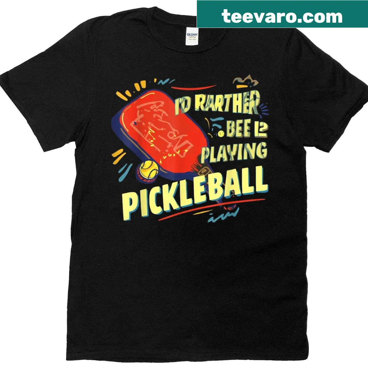 Humorous T-shirt featuring a bee with a pickleball paddle — on a men's t-shirt