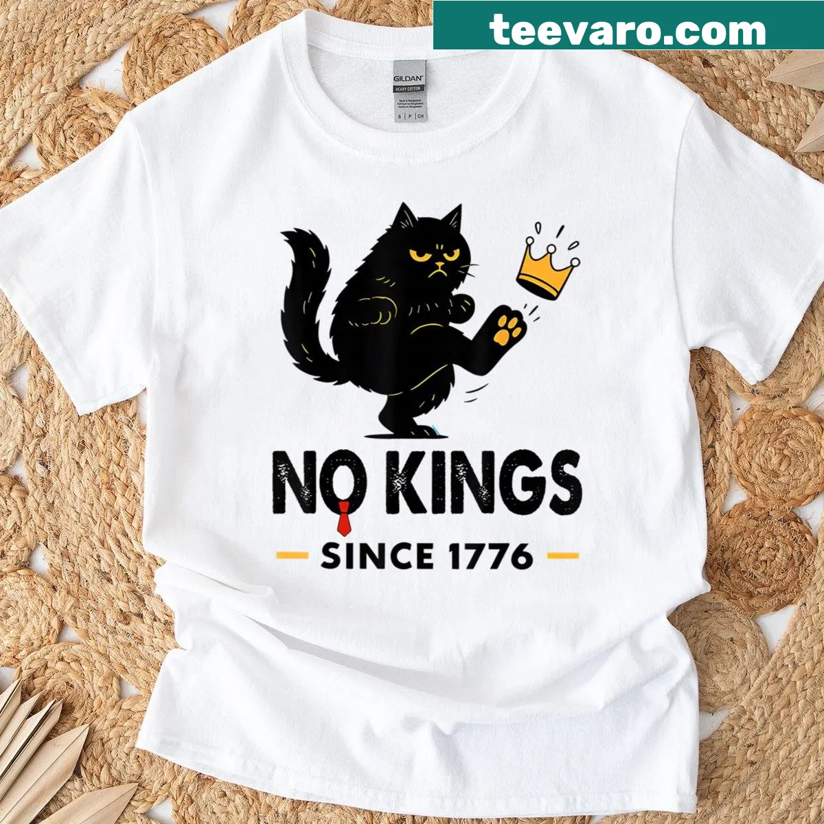 Funny black cat T-shirt with 'No Kings' text — on a men's t-shirt