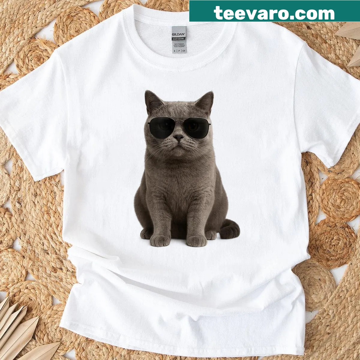 Graphic T-shirt featuring a British Shorthair cat with sunglasses — on a men's t-shirt