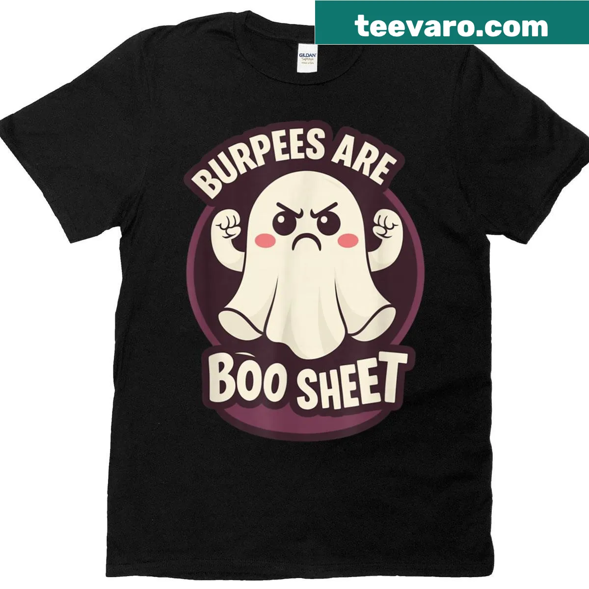 Halloween-themed workout T-shirt with funny burpee text and ghost graphics. — on a men's t-shirt